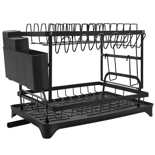 2 Tier Dish Drainer Rack for Kitchen Counter - SPACE-SAVING Dish Rack with Utensil Holder and Cutting Board Holder Large Capacity Drying Rack with Draining Board, Black